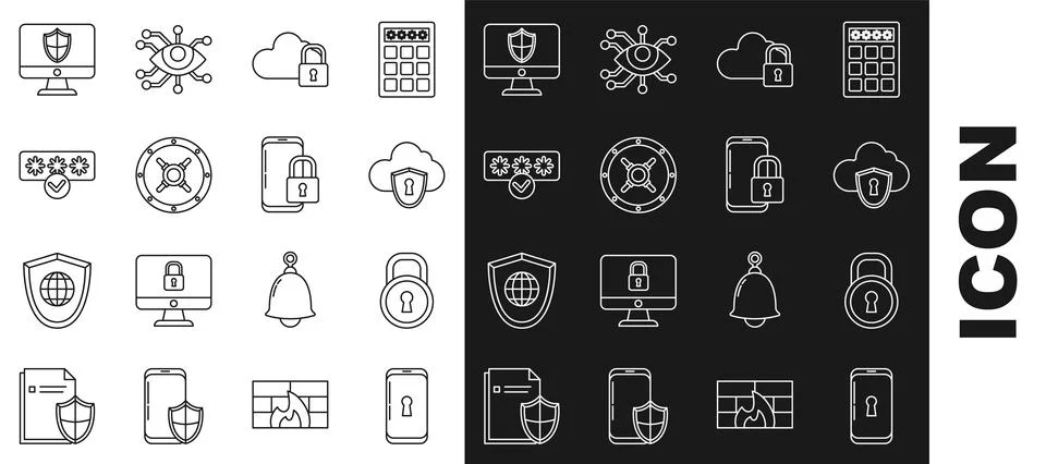 Set line Smartphone with lock, Lock, Cloud and shield, computing, Safe, Passw Stockillustratie