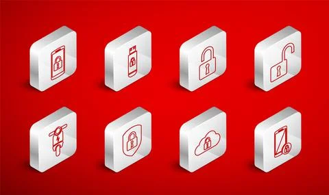Set line Smartphone with lock, USB flash drive, Open padlock, Cloud computing Stock Illustration