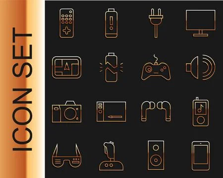 Set line Smartphone mobile phone Music player Speaker volume Electric plug Br Stock Illustration