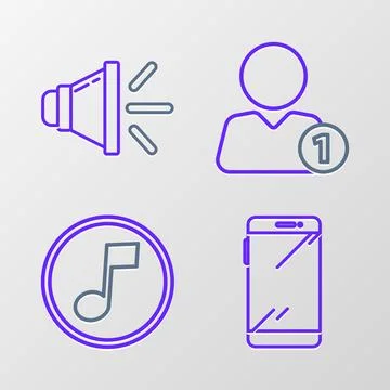 Set line Smartphone, mobile phone, Music note, tone, Add friend and Speaker.. Stock Illustration