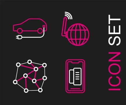 Set line Smartphone, mobile phone, Neural network, Social and Electric car .. Stock Illustration
