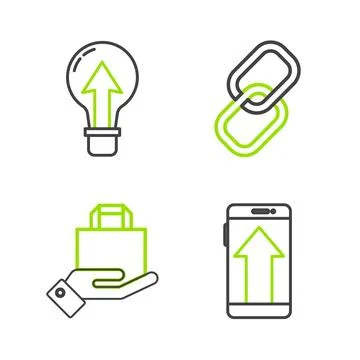 Set line Smartphone mobile phone Hand and paper shopping bag Chain link and L Stock Illustration