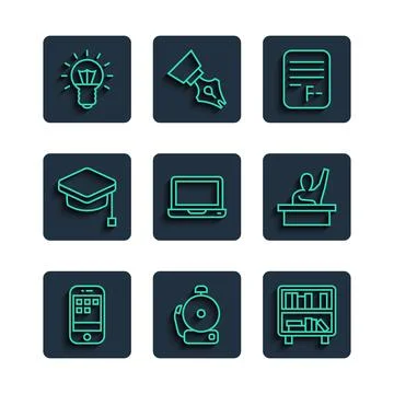 Set line Smartphone, Ringing alarm bell, Shelf with books, Exam paper incorrect Stock Illustration