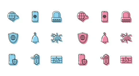 Set line Smartphone with security shield, Door handle, Globe key, Firewall, wall Stock Illustration