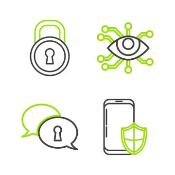 Set line Smartphone with security shield, Protection of personal data, Eye scan Stock Illustration