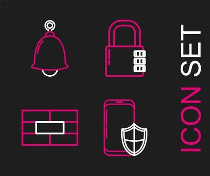 Set line Smartphone with security shield, Bricks, Safe combination lock and Stock Illustration