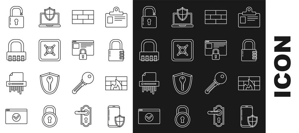 Set line Smartphone with security shield, Firewall, wall, Safe combination lock Illustration