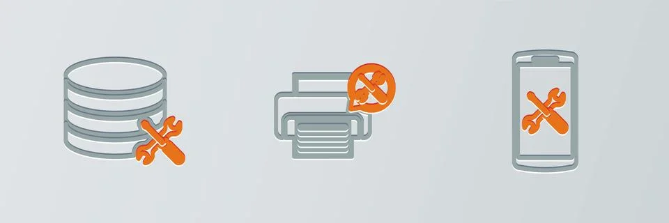 Set line Smartphone service, Database server and Printer icon. Vector Stock Illustration