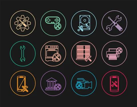 Set line Smartphone service, Printer, Hard disk drive, Oven, Wrench, and Stock Illustration