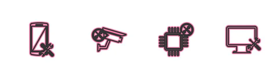 Set line Smartphone service, Processor, Security camera and Computer monitor  イラスト素材