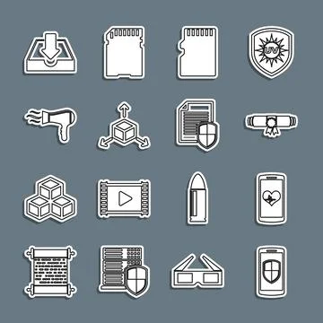 Set line Smartphone with shield, heart rate, Diploma rolled scroll, Micro S.. Stock Illustration