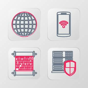 Set line Smartphone with shield, Paper scroll, Earth globe and  icon. Vector Stock Illustration
