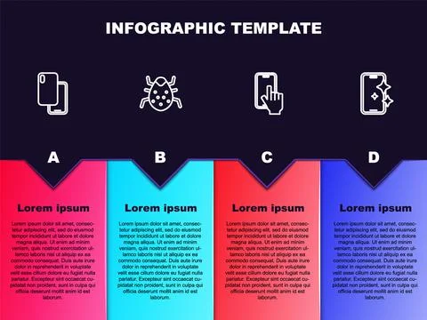 Set line Smartphone, System bug, Phone repair service and Glass screen protector Illustrazione stock