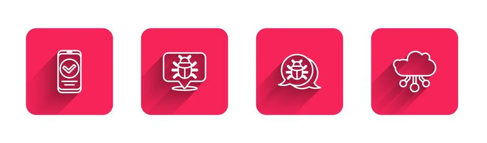 Set line Smartphone, System bug, and Internet of things with long shadow. Red Stock-Illustration