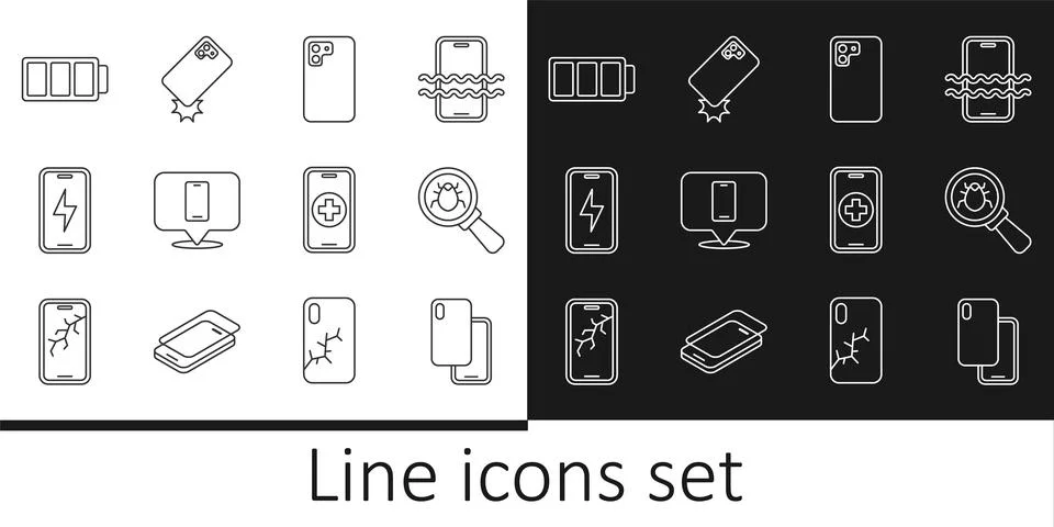 Set line Smartphone, System bug, Phone repair service, Mobile charging batt.. 库存插图