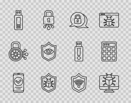 Set line Smartphone, System bug monitor, Cyber security, USB flash drive, S.. Stock Illustration