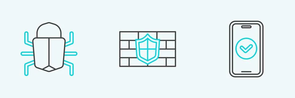 Set line Smartphone, System bug and Shield with brick wall icon. Vector Illustrazione stock