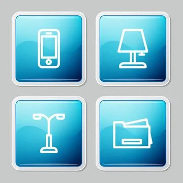 Set line Smartphone, Table lamp, Street light and Printer icon. Vector Stock Illustration