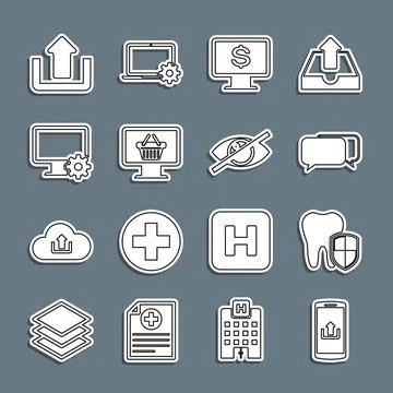 Set line Smartphone with upload, Dental protection, Chat, Monitor dollar, s.. Stock Illustration