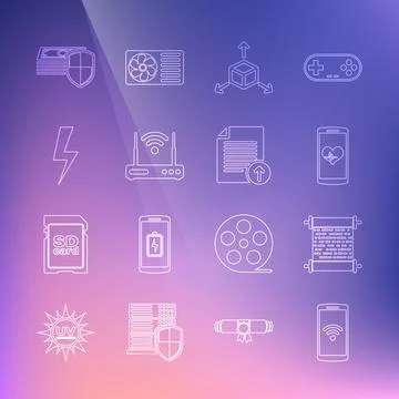 Set line Smartphone with wireless, Paper scroll, heart rate, Isometric cube,  Stock Illustration