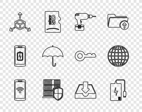 Set line Smartphone with wireless, Power bank, Drill machine, Server shield.. Stock Illustration