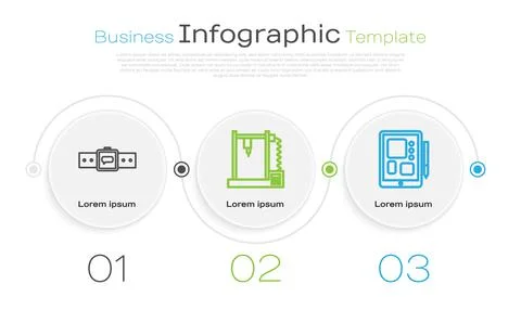 Set line Smartwatch, 3D printer and Graphic tablet. Business infographic Illustrazione stock