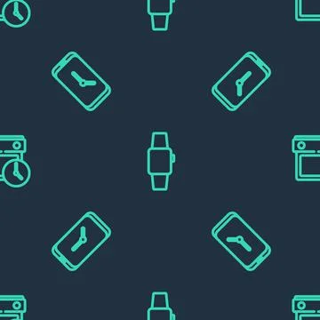 Set line Smartwatch, Alarm clock app mobile and Calendar and on seamless pattern Stock Illustration