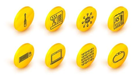 Set line Smartwatch, Binary code, Laptop, Keyboard and mouse, Motherboard Illustrazione stock