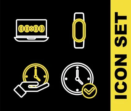Set line Smartwatch, Clock,  and on laptop icon. Vector Stock Illustration