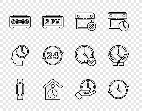 Set line Smartwatch, Clock, Calendar date delete, Retro wall, Digital alarm Illustrazione stock