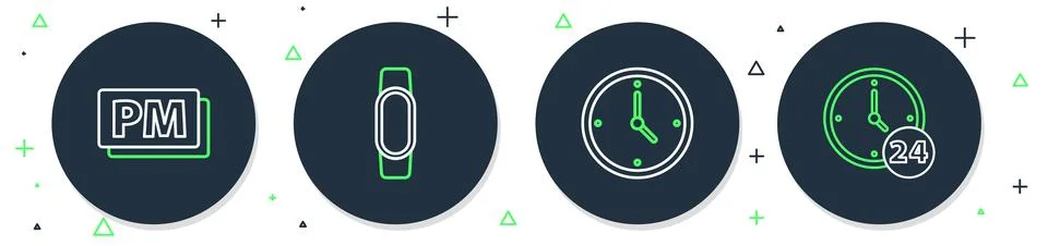 Set line Smartwatch, Clock, PM and 24 hours icon. Vector Stock Illustration