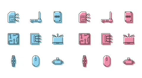 Set line Smartwatch, Computer mouse, Sim card, Virtual reality glasses, Table Illustrazione stock