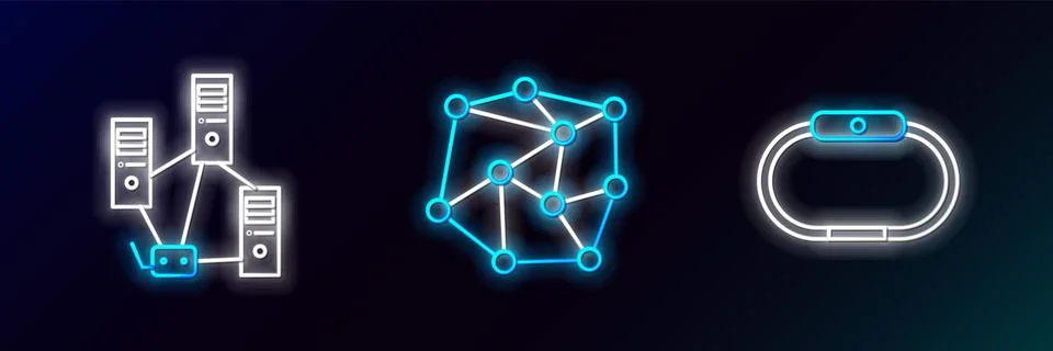 Set line Smartwatch, Computer network and Neural icon. Glowing neon. Vector Stock Illustration
