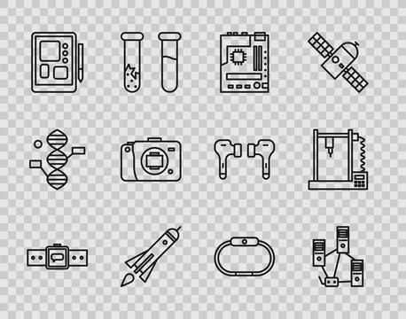 Set line Smartwatch, Computer network, Motherboard, Rocket ship with fire, .. Illustrazione stock