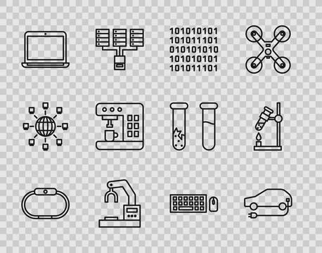 Set line Smartwatch, Electric car, Binary code, Robotic robot arm hand factor Stock Illustration