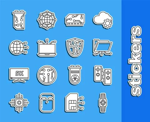 Set line Smartwatch, Gamepad, Folder and lock, RAM, random access memory, Laptop Illustrazione stock