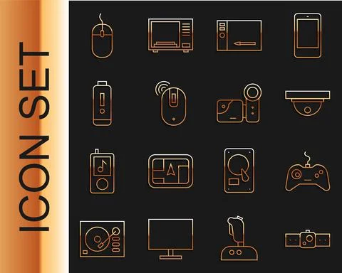Set line Smartwatch, Gamepad, Motion sensor, Graphic tablet, Wireless computer Illustrazione stock
