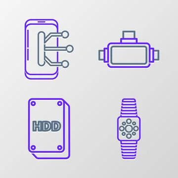 Set line Smartwatch, Hard disk drive HDD, Virtual reality glasses and Smartphone Illustrazione stock