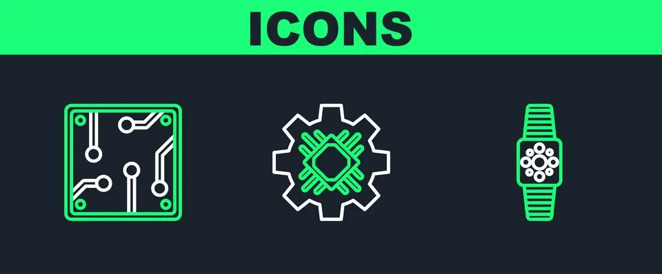 Set line Smartwatch, Processor and  icon. Vector Illustrazione stock