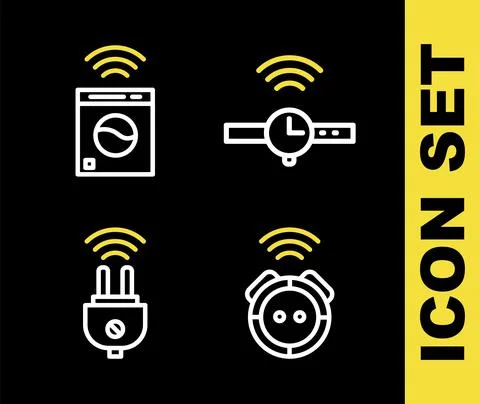 Set line Smartwatch, Robot vacuum cleaner, electric plug and washer icon. Vector イラスト素材