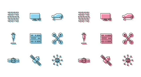 Set line Smartwatch, Satellite, Binary code, Social network, Server, Data, We Stockillustratie