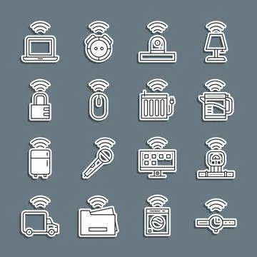 Set line Smartwatch, sensor, electric kettle, security camera, Wireless mouse Stock Illustration