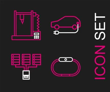 Set line Smartwatch, Server, Data, Web Hosting, Electric car and 3D printer icon Stock Illustration