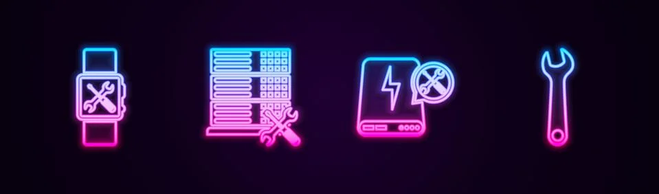 Set line Smartwatch service, Database server, Power bank and Wrench. Glowing Illustrazione stock
