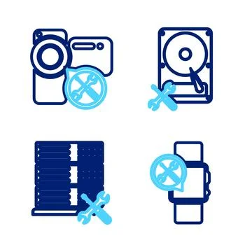 Set line Smartwatch service, Database server, Hard disk drive and Video camera Stock Illustration