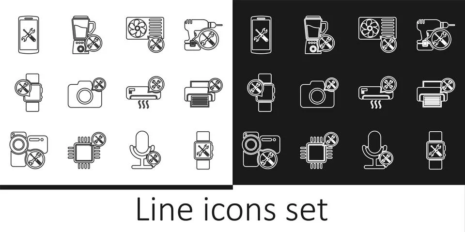 Set line Smartwatch service, Printer, Air conditioner, Photo camera, Smartphone Illustrazione stock
