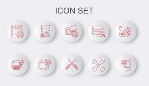 Set line Smartwatch service, Printer, Radio, Crossed wrenchs, Oven, Hard disk Stock Illustration