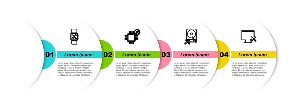 Set line Smartwatch service, Processor, Hard disk drive and Computer monitor Illustrazione stock