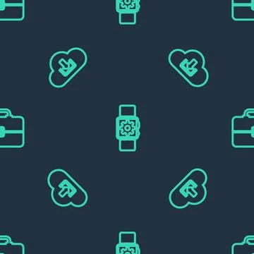 Set line Smartwatch setting, Cloud download and Toolbox on seamless pattern.  Illustrazione stock