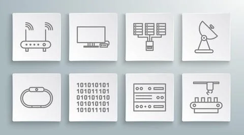 Set line Smartwatch, Tv, Binary code, Server, Data, Web Hosting, Factory Illustrazione stock